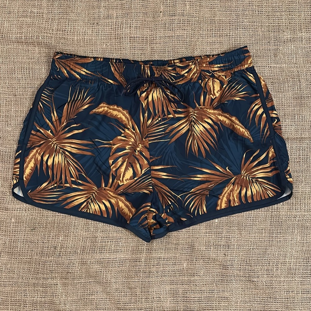 H&M Teal, Navy Gold Brown Palm Print Womens Athletic Shorts
